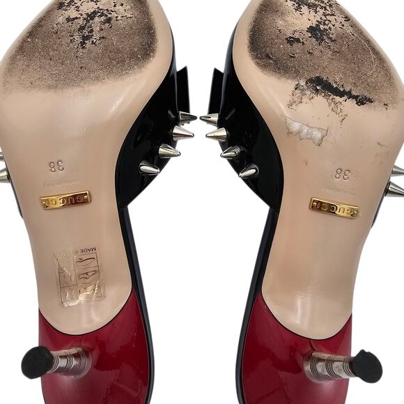Gucci GG Bow Sadie Mid Heel Mule Spike Black Patent Leather Size 38 US 8 - Picture 11 of 13
